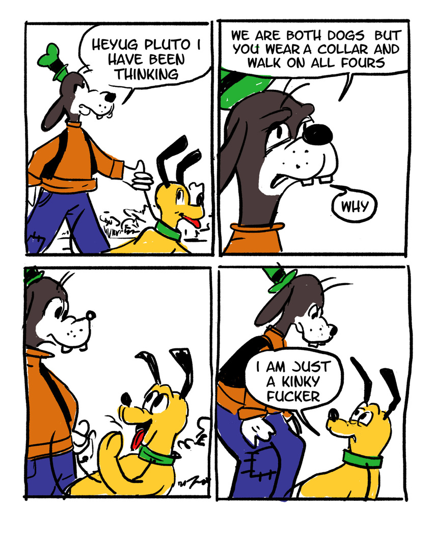 anthro canine clothing comic dialogue dog english_text feral floccinaucinihilipilification goofy hat hi_res humor leash male mammal pants pluto shirt text vest