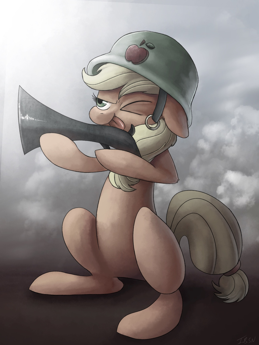 applejack_(mlp) earth_pony equine friendship_is_magic gun helmet hi_res horse ibsn mammal my_little_pony one_eye_closed pony ranged_weapon solo tongue weapon