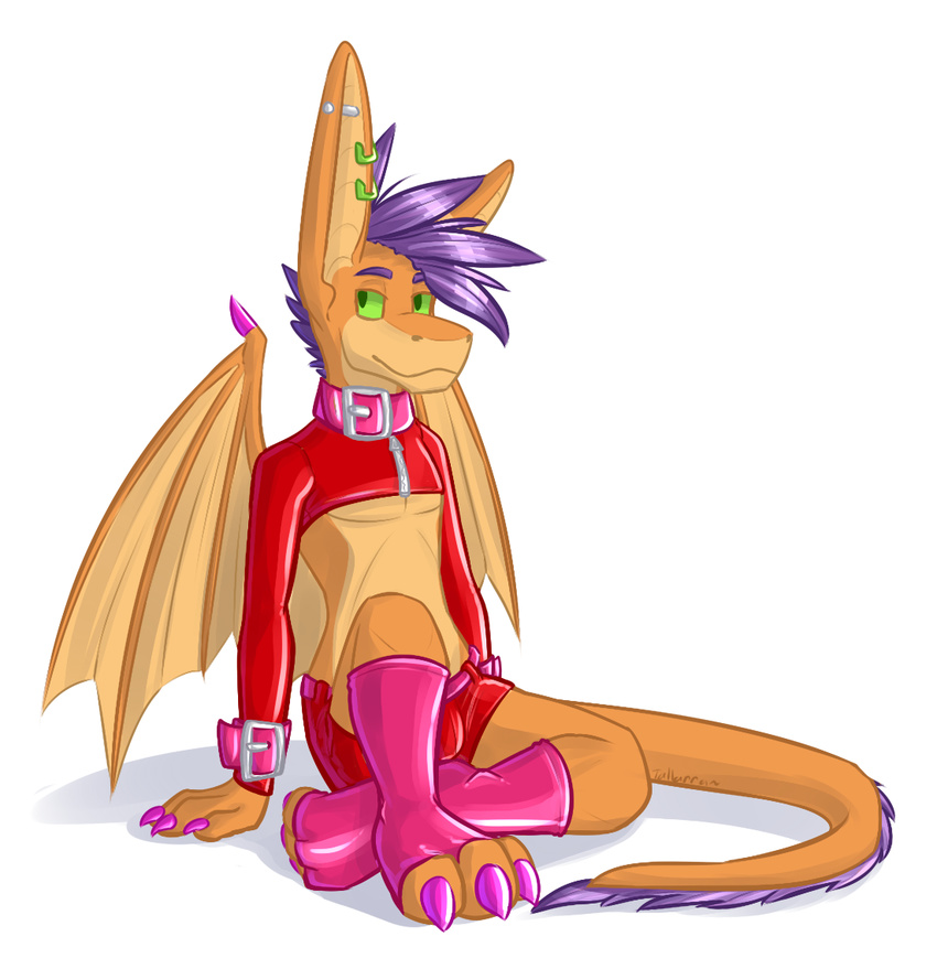 bulge collar crossdressing dragon ear_piercing fishnet girly green_eyes hair industrial_piercing male piercing purple_hair rubber simple_background solo tallarra white_background wings zander_(tallarra)