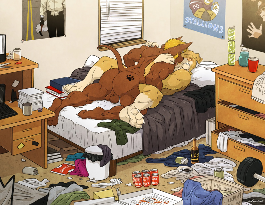 2015 4_toes alcohol anal anal_penetration anthro backsack balls bed bedroom beer beverage biceps blush brad_(shy001) brown_fur butt can canine cellphone claws clenched_teeth clothing_on_floor computer condom cup desk digital_media_(artwork) dog dorm drawer duke_rocheister dumbbell duo english_text eyes_closed food fur hair hand_on_shoulder hindpaw inside laptop licking lying male male/male mammal messy_room missionary_position muscular nude on_back on_bed open_mouth orange_hair paper pawprint paws penetration perineum phone poster quads sex shy001 soles spread_legs spreading story_in_description tan_fur tattoo teeth text toe_claws toes tongue tongue_out weights wfa window yellow_fur