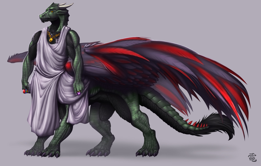 2014 amber_eyes avian avoid_posting black_feathers black_fur claws clothing dragon feathers fur green_scales horn inert-ren male pendant portrait red_feathers ring scales simple_background solo standing tar-azdha taur vexalis wings