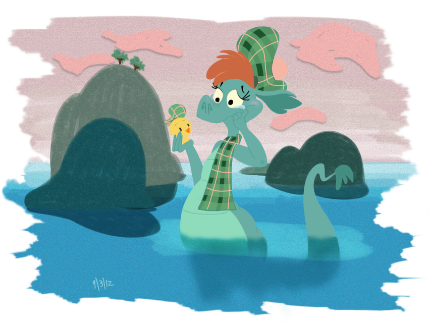 2012 alpha_channel anthro blush brown_hair clothed clothing cloud crying disney female green_scales hair half-dressed hat lake loch_ness_monster marine nessie outside quertypictures rubber_duck scales scalie scarf sky tears text the_ballad_of_nessie topless tree water wet