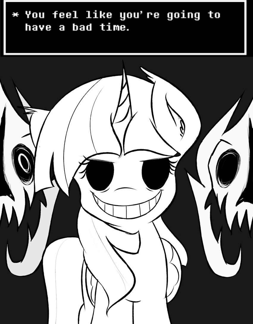 absurd_res black_eyes crossover dialogue equine female feral freefraq friendship_is_magic gaster_blaster hi_res horn horse looking_at_viewer mammal monochrome monster my_little_pony pony sans_(undertale) text twilight_sparkle_(mlp) undertale unicorn video_games