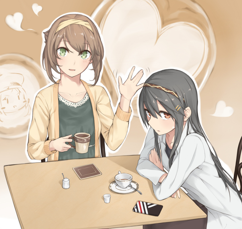 black_hair brown_eyes brown_hair casual cellphone collarbone creamer_(vessel) creamer_packet crossed_arms cup dish enosan error_musume from_side green_eyes hair_ornament hairband hairclip haruna_(kantai_collection) heart highres kantai_collection long_hair looking_at_viewer looking_to_the_side multiple_girls mutsu_(kantai_collection) open_mouth phone short_hair sitting smartphone spoon sugar_bowl table teacup waving