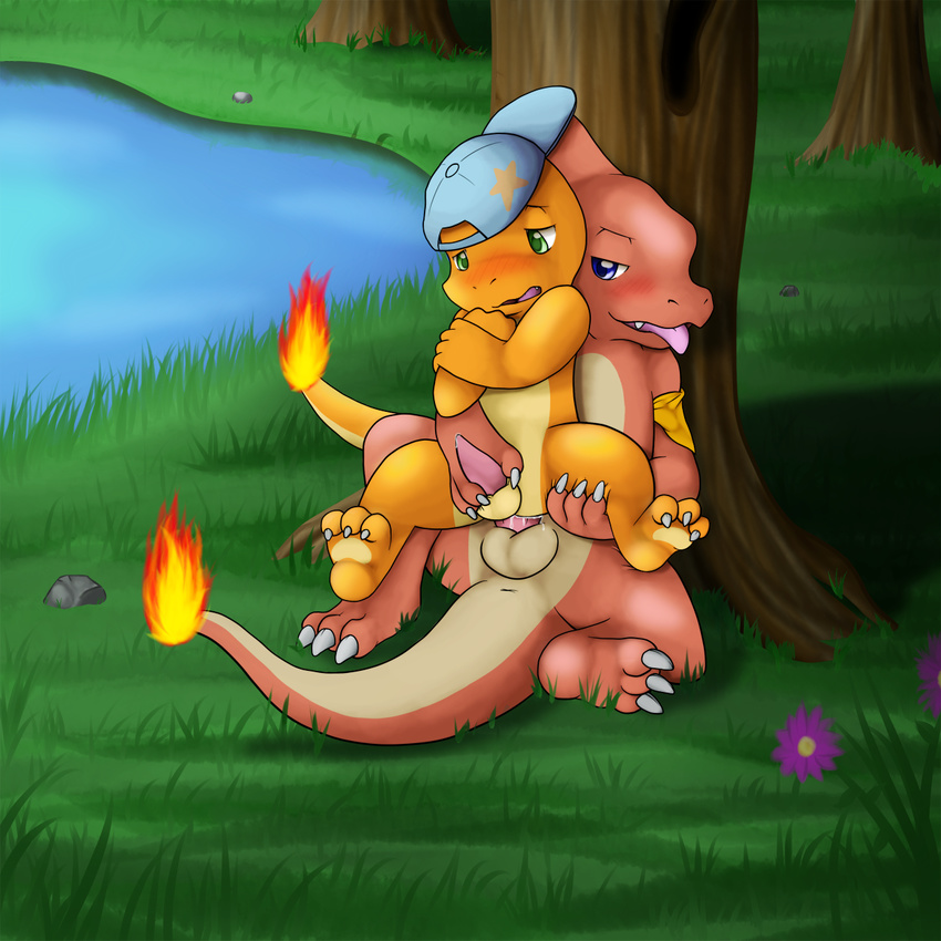 age_difference anal anal_penetration balls baseball_cap big_dom_small_sub blush chair_position charmander charmeleon digital_media_(artwork) duo embarrassed erection fire forest from_behind front_view hat hi_res lake level_difference lifted male male/male mostly_nude naughty_face nintendo on_lap outside penetration penis pok&eacute;mon questionable_consent reach_around reclining scalie semi-anthro sex sheath sitting size_difference tapering_penis tongue tongue_out tree video_games vitrex