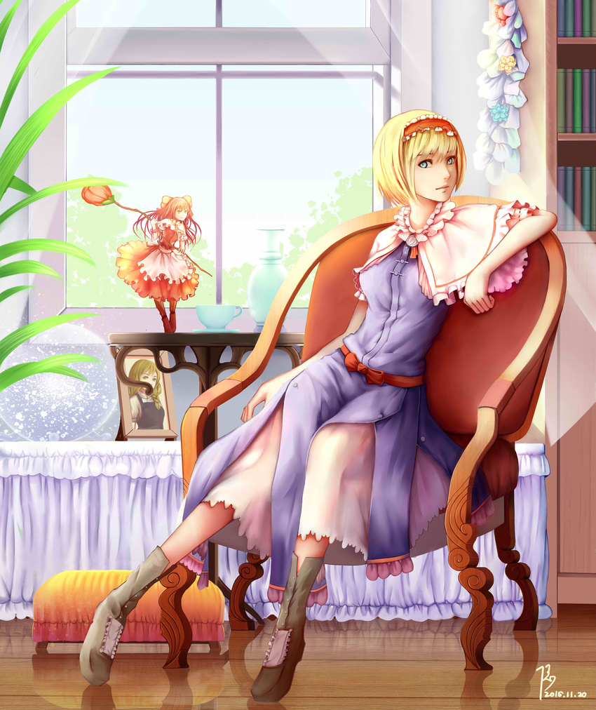 absurdres alice_margatroid arm_rest blonde_hair blue_dress blue_eyes bookshelf boots capelet carafe chair cup curtains dated diandianzai dress expressionless flower full_body highres indoors kirisame_marisa layered_dress looking_at_viewer ottoman photo_(object) picture_frame reflection rose shanghai_doll short_hair signature sitting snow_globe solo table teacup touhou window wooden_floor