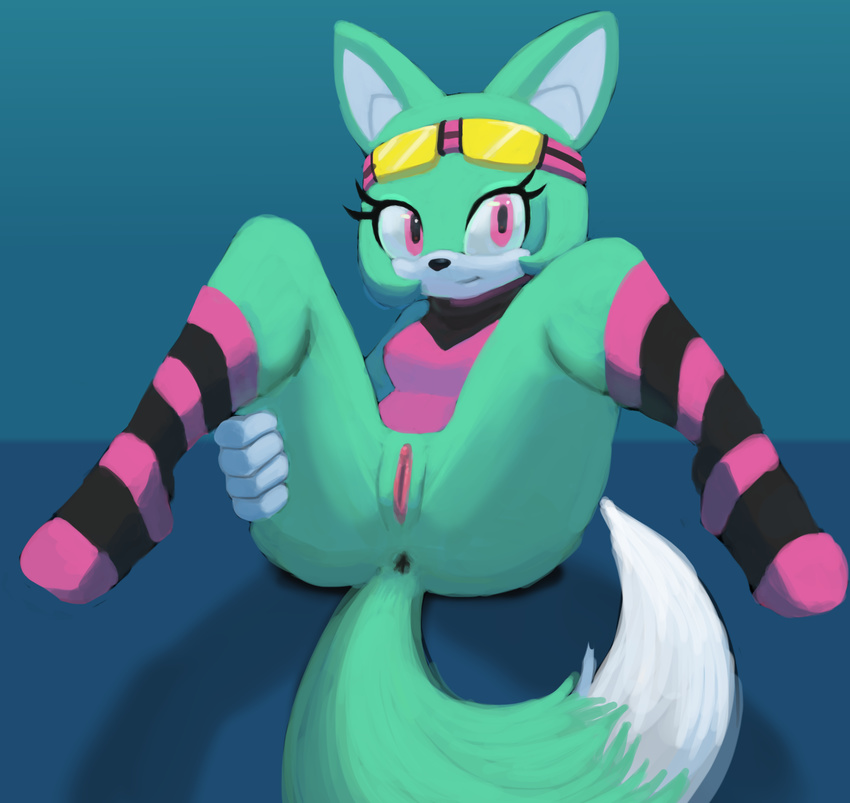 anthro anus archie_comics bottomless butt canine clothed clothing eyewear female fennec fox goggles half-dressed hi_res mammal pussy simple_background solo sonar_the_fennec sonic_(series) tippycat