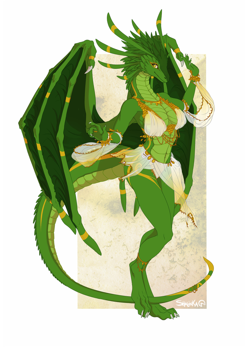 anklet anthro bra bracelet claws clothed clothing dancing digital_media_(artwork) digitigrade dragon female green_scales hi_res jewelry lenora scales scalie shalinka silk simple_background skirt smile solo tail_ring toe_claws underwear