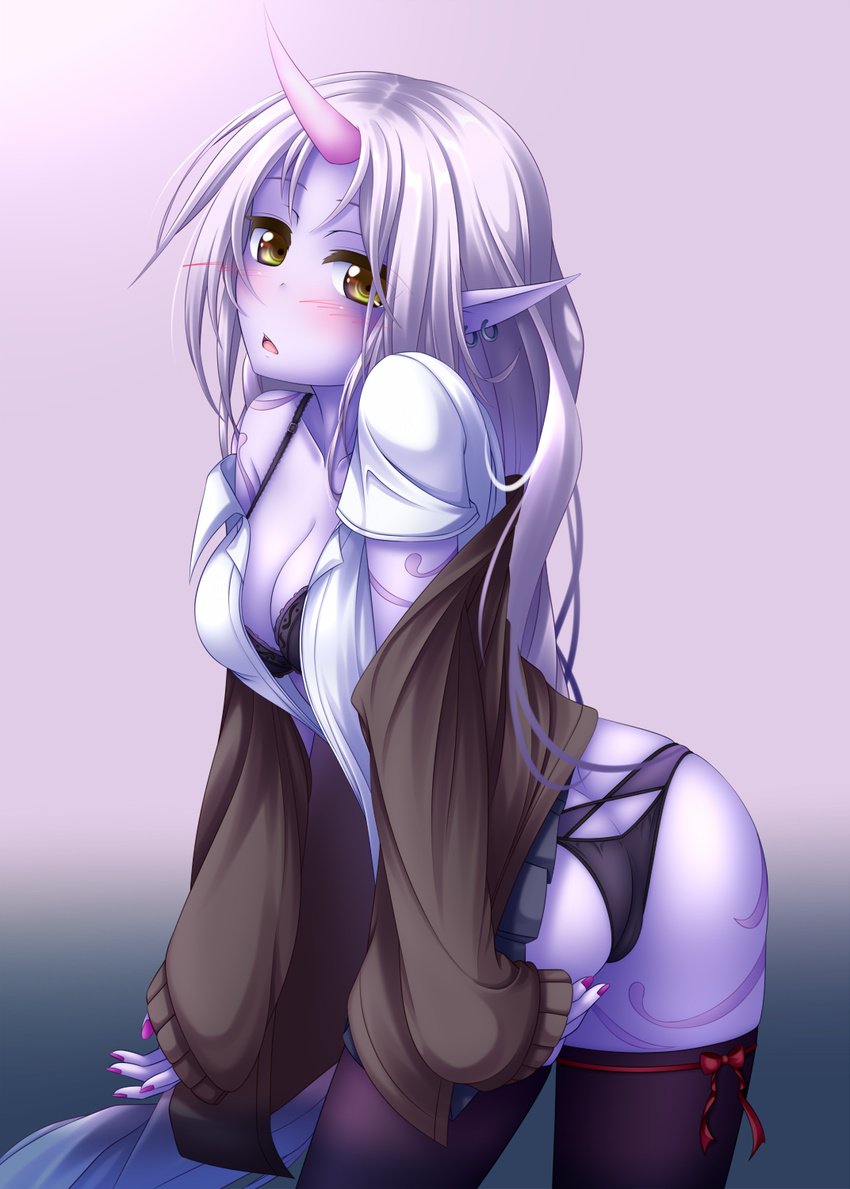 bent_over blush butt cleavage clothed clothing ear_piercing female hair hi_res horn humanoid jacket league_of_legends legwear open_jacket open_mouth open_shirt panties piercing purple_background purple_hair purple_theme shirt simple_background skimpy solo soraka standing underwear video_games よぇ＠菜瀬