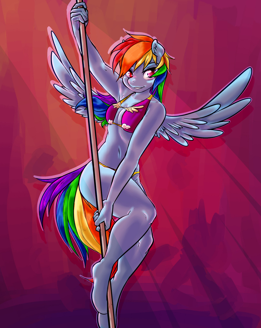 2015 anthro anthrofied bra clothing collaboration dancing dojero equine feathered_wings feathers female friendship_is_magic glo-in-the-dark hair hi_res long_hair mammal multicolored_hair my_little_pony navel panties pegasus pole pole_dancing rainbow_dash_(mlp) rainbow_hair smile solo underwear wings