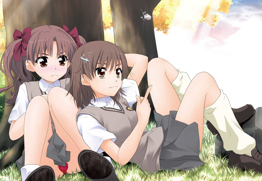 biribiri blush brown_hair coin goyacchi hair_ornament hairclip jpeg_artifacts misaka_mikoto multiple_girls panties red_panties school_uniform shirai_kuroko short_hair skirt to_aru_kagaku_no_railgun to_aru_majutsu_no_index twintails underwear