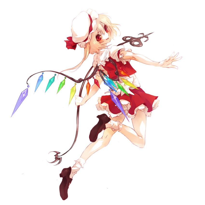 absurdres bad_id bad_pixiv_id blonde_hair bow flandre_scarlet foreshortening full_body hat highres laevatein long_hair looking_back outstretched_arms ponytail red_eyes shirousagi side_ponytail solo spread_arms touhou transparent_background wings