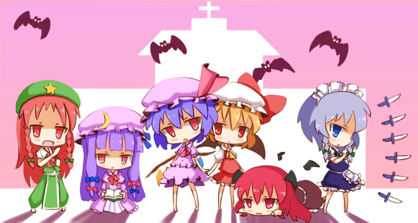 :d animal bad_id bad_pixiv_id bangs bat blunt_bangs braid chibi crescent crescent_hair_ornament dagger expressionless flandre_scarlet frills hair_ornament hat hat_ribbon hong_meiling izayoi_sakuya knife koakuma looking_at_viewer lying mob_cap multiple_girls open_mouth patchouli_knowledge red_eyes remilia_scarlet ribbon scarlet_devil_mansion shaded_face shiki_(guwang) short_sleeves smile star the_embodiment_of_scarlet_devil touhou twin_braids weapon