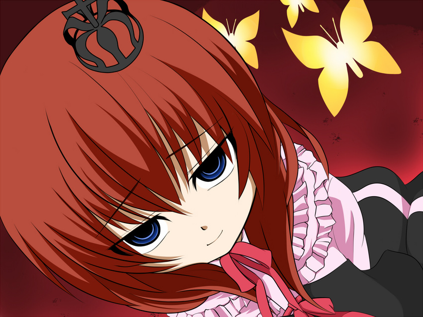 blue_eyes brown_hair butterfly crown smile umineko_no_naku_koro_ni ushiromiya_maria