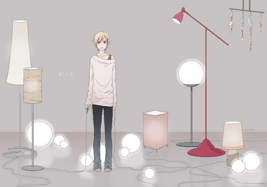 ahoge axis_powers_hetalia blonde_hair casual kimura_daisuke lamp male_focus norway_(hetalia) off_shoulder socks solo standing sweater