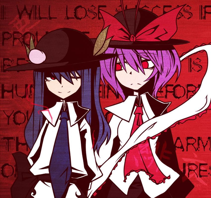 bad_id bad_pixiv_id english hat highres hinanawi_tenshi konohana_saku multiple_girls nagae_iku necktie one_eye_closed red_eyes touhou