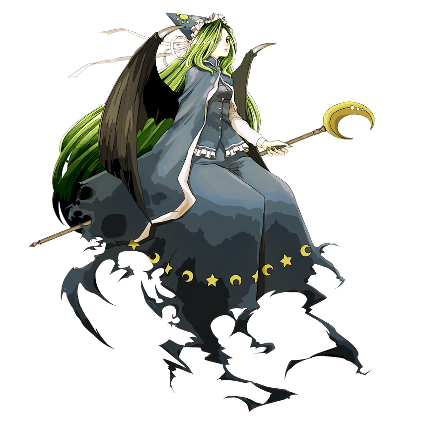 absurdres arioto bat_wings blue_dress cape crescent demon_wings dress full_body green_eyes green_hair green_nails hat highres long_hair mima nail_polish ribbon scepter solo staff touhou transparent_background very_long_hair wings wizard_hat