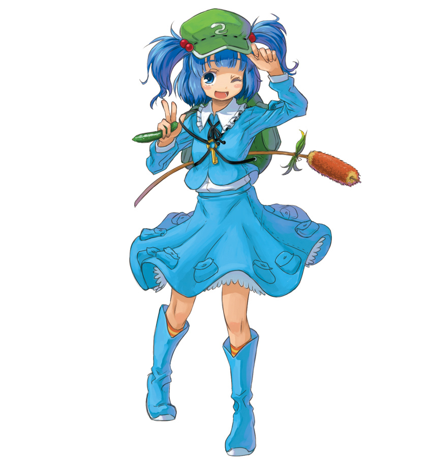 backpack bag blue_eyes blue_hair blush_stickers cucumber full_body hair_bobbles hair_ornament hat hat_tip highres kawashiro_nitori key kingin one_eye_closed open_mouth reeds short_hair smile solo touhou transparent_background twintails two_side_up v