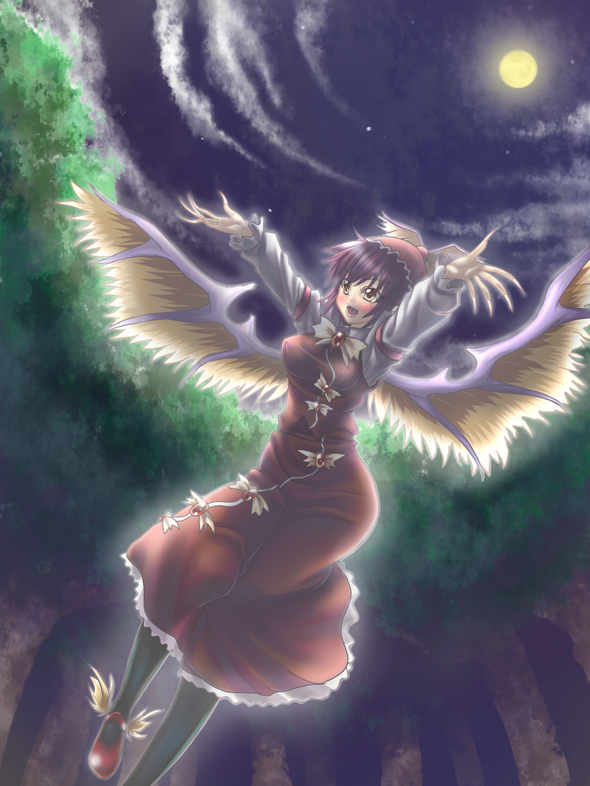 arms_up bad_id bad_pixiv_id black_legwear blush breasts claws cloud dress fingernails flying forest full_moon hat highres large_breasts legs long_fingernails long_sleeves mary_janes moon moonlight mystia_lorelei nature night night_sky open_mouth pink_hair ribbon shoes short_hair sky solo sorono thighhighs touhou tree winged_shoes wings yellow_eyes