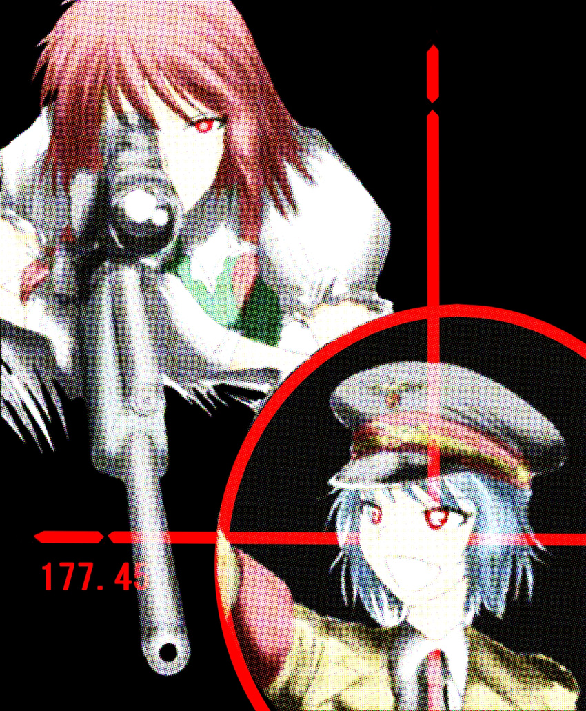 bad_id bad_pixiv_id blue_hair crosshair gloves gun hat highres hong_meiling junkei military military_uniform multiple_girls necktie peaked_cap red_eyes red_hair remilia_scarlet rifle scope short_hair sniper_rifle touhou uniform weapon