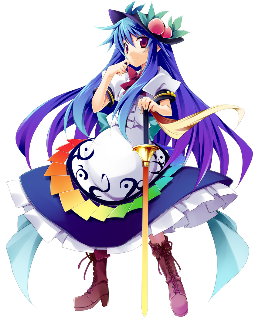 blue_hair boots cross-laced_footwear food fruit full_body gradient_hair hat highres hinanawi_tenshi lace-up_boots long_hair looking_at_viewer minase_(dragon_panda) multicolored_hair peach purple_hair red_eyes smile solo sword sword_of_hisou touhou transparent_background weapon