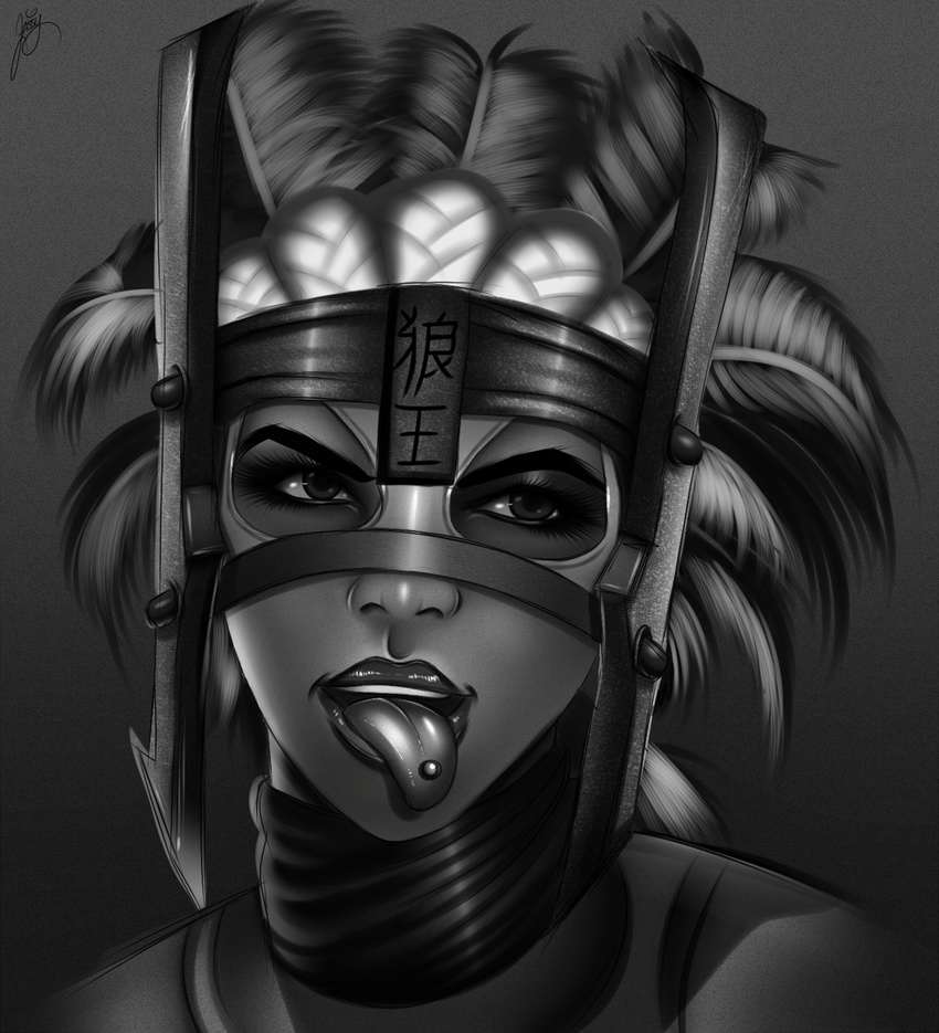 barbell_piercing deviantart_sample doodle feathers ferra grey_background highres image_sample jassycoco mask monochrome mortal_kombat mortal_kombat_x piercing portrait simple_background solo tongue tongue_piercing