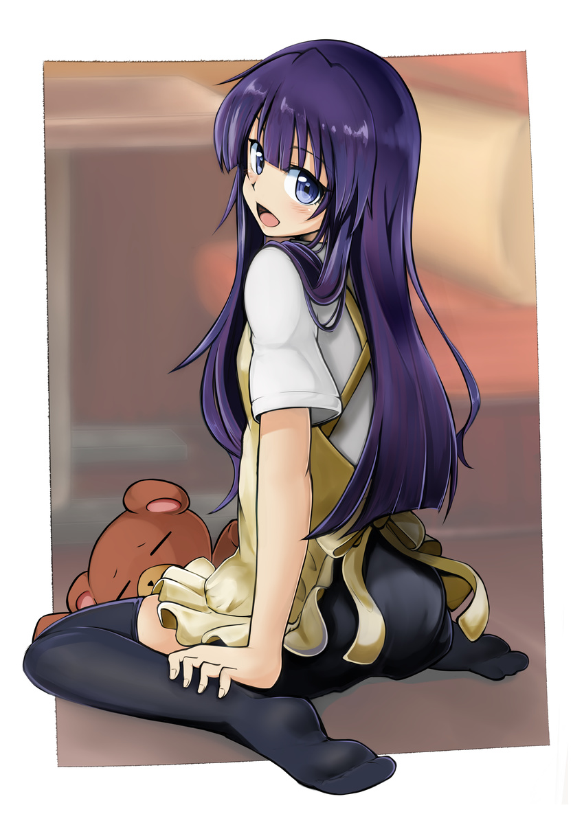 absurdres apron blush daisy_(working!!) from_behind highres kazenoko long_hair looking_at_viewer looking_back open_mouth purple_hair sitting smile solo stuffed_animal stuffed_toy teddy_bear thighhighs uniform wariza working!! yamada_aoi