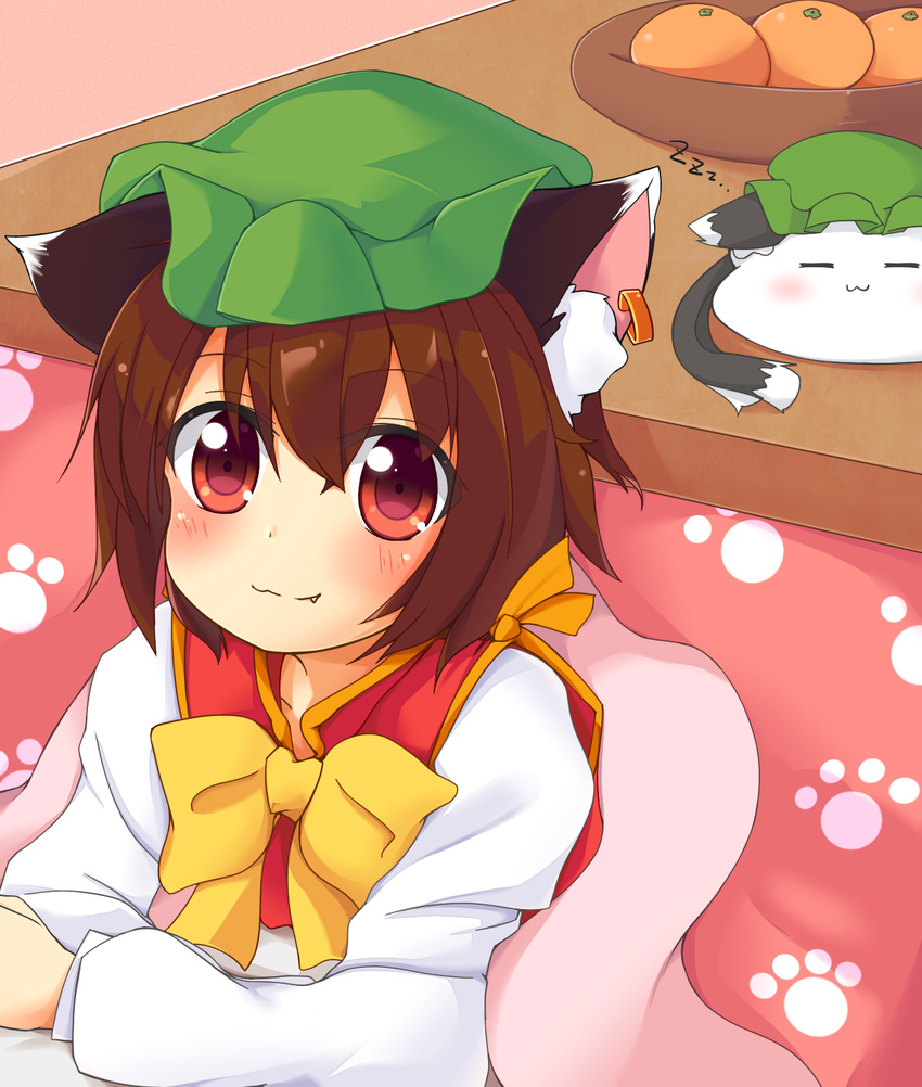 :3 chen chinoru commentary_request fang highres kotatsu lying on_stomach solo table touhou under_kotatsu under_table zzz