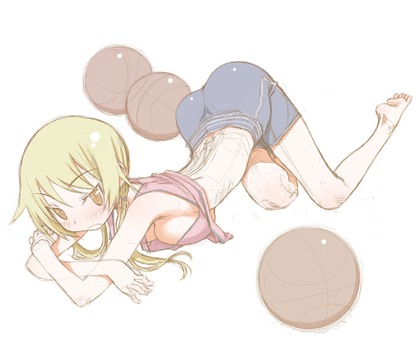 ass basketball blonde_hair blush breasts highres ichii_yui large_breasts long_hair looking_at_viewer lying on_stomach sakuya_tsuitachi shorts sketch solo tank_top twintails yellow_eyes yuyushiki