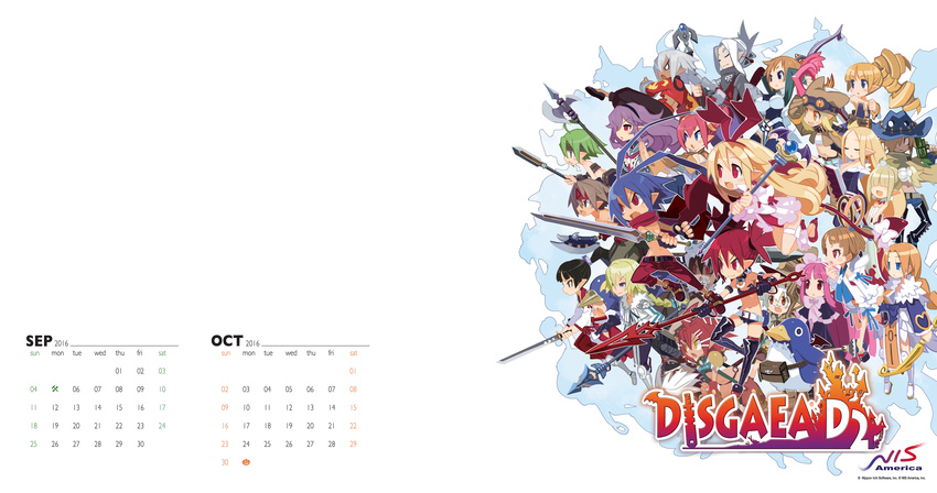 6+boys 6+girls absurdres animal antenna_hair archer_(disgaea) armor arms_up axe beast_master_(disgaea) belt bird black_hair blonde_hair blue_eyes blue_hair blush brown_eyes brown_hair calendar_(medium) company_name copyright_name disgaea disgaea_d2 empty_eyes etna everyone fang fangs female_angel_(disgaea) female_brawler_(disgaea) female_warrior_(disgaea) flonne flonne_(fallen_angel) full_body fur_trim goggles goggles_on_headwear gradient green_eyes green_hair gunner_(disgaea) hairband halberd harada_takehito healer_(disgaea) heavy_knight_(disgaea) highres laharl logo mage_(disgaea) magic_knight_(disgaea) male_angel_(disgaea) male_brawler_(disgaea) male_healer_(disgaea) male_warrior_(disgaea) masked_hero_(disgaea) multiple_boys multiple_girls navel ninja_(disgaea) october official_art onmyo_monk_(disgaea) open_mouth penguin polearm prinny purple_eyes purple_hair red_eyes red_hair rod ronin_(disgaea) september serious shaman_(disgaea) short_shorts shorts sicily_(disgaea) silver_hair simple_background skull_(disgaea) smile spear staff sword teeth thief_(disgaea) wallpaper wand weapon white_background widescreen wings