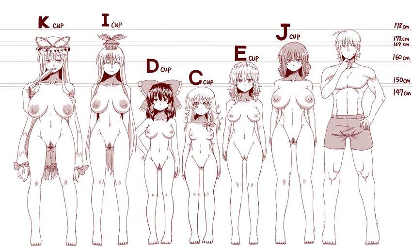 6+girls amazon_(taitaitaira) areolae arm_at_side arm_behind_back arms_at_sides ass_visible_through_thighs barefoot black_hair bow boxers braid breasts breasts_apart bust_chart closed_eyes clothed_male_nude_female collarbone commentary_request expressionless fan feet finger_to_chin folding_fan full_body hair_bow hair_over_shoulder hair_tubes hakurei_reimu half-closed_eyes hand_on_hip hat hat_ribbon height_chart height_difference highres hips huge_nipples inverted_nipples izayoi_sakuya jitome kamishirasawa_keine kazami_yuuka kirisame_marisa large_breasts legs lineup long_hair looking_at_viewer looking_to_the_side maid maid_headdress measurements messy_hair mob_cap monochrome morichika_rinnosuke multicolored_hair multiple_girls muscle navel nipples nude pubic_hair pussy ribbon shirtless short_hair single_braid small_breasts smile stomach sweatdrop teeth thighs toes toned toned_male touhou twin_braids two-tone_hair underwear underwear_only yakumo_yukari