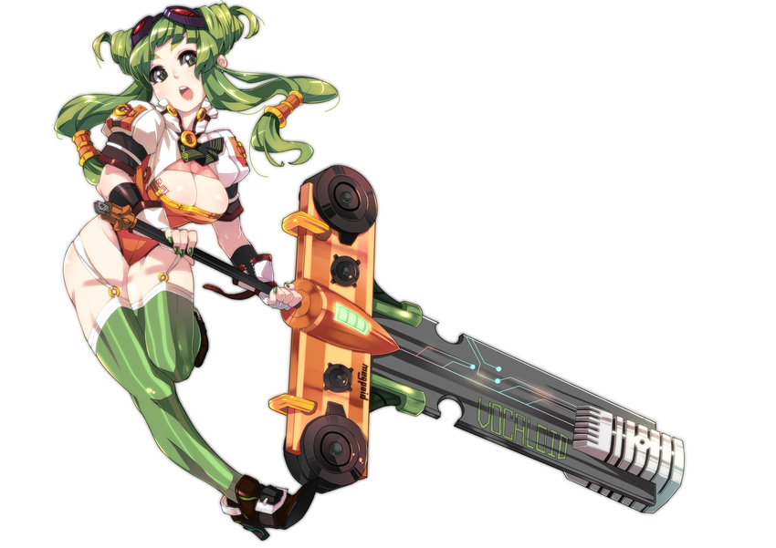 :o absurdres alternate_costume alternate_hair_length alternate_hairstyle bangs black_footwear breasts cleavage copyright_name cravat double_bun fingerless_gloves full_body gloves goggles goggles_on_head green_eyes green_hair green_legwear green_nails gumi hair_tubes high_heels highres holding holding_weapon large_breasts leotard long_hair makai nail_polish open_mouth puffy_short_sleeves puffy_sleeves shoes short_sleeves simple_background solo striped striped_legwear thighhighs toned vertical-striped_legwear vertical_stripes vocaloid weapon white_background