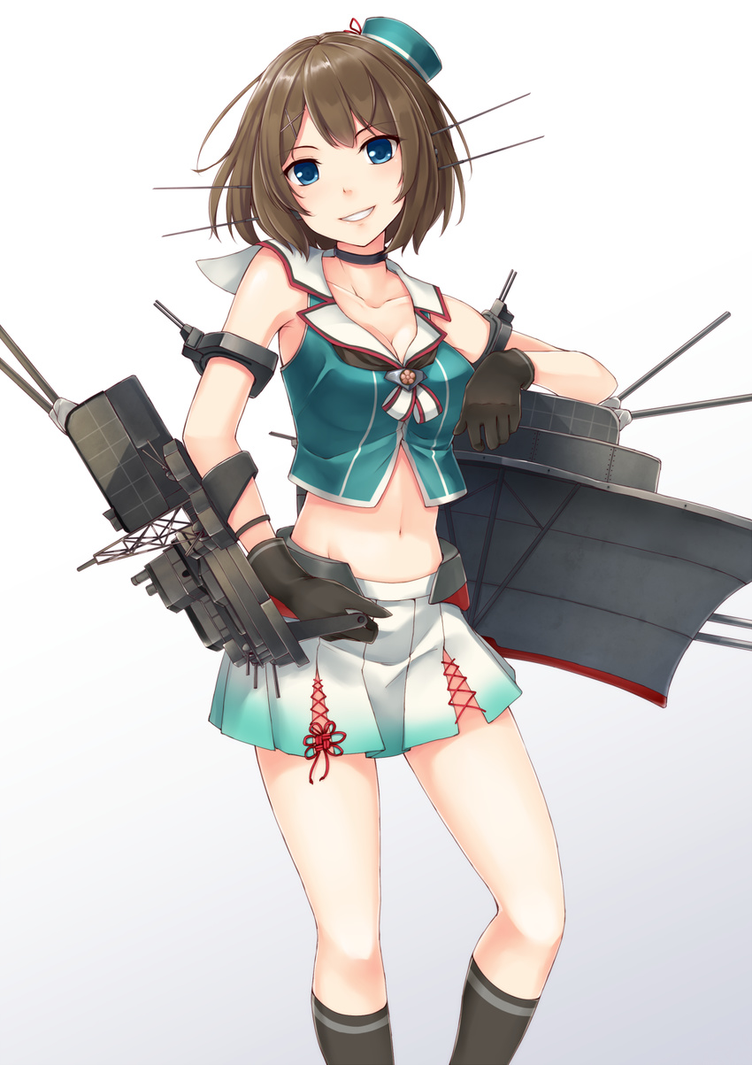 bad_id bad_pixiv_id bangs bare_arms blue_eyes breasts brown_hair choker cleavage collarbone dabadhi gloves grin hat highres kantai_collection kneehighs looking_at_viewer maya_(kantai_collection) medium_breasts midriff mini_hat miniskirt navel remodel_(kantai_collection) short_hair simple_background skirt smile socks solo thighs