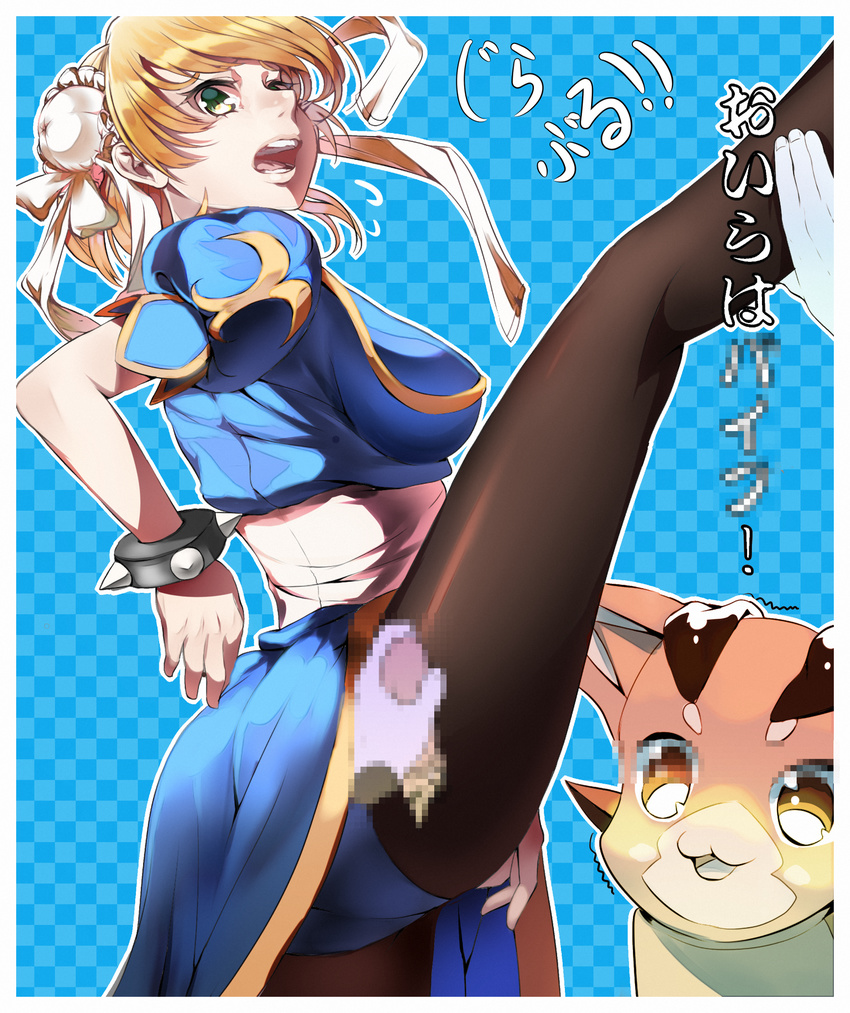 blonde_hair blue_background blue_dress bracelet bun_cover censored checkered checkered_background china_dress chinese_clothes chun-li commentary_request disembodied_limb djeeta_(granblue_fantasy) double_bun dress granblue_fantasy green_eyes hatahata_p_(taritari1648) highres jewelry making_of mosaic_censoring open_mouth panties pantyhose partially_translated pelvic_curtain puffy_short_sleeves puffy_sleeves sash short_sleeves side_slit spiked_bracelet spikes street_fighter translation_request trembling underwear vee_(granblue_fantasy) vibrator