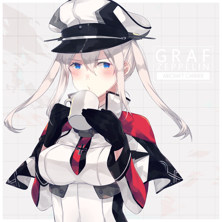 blonde_hair blue_eyes breasts capelet cup eules gloves graf_zeppelin_(kantai_collection) hat highres kantai_collection large_breasts long_hair peaked_cap solo twintails uniform