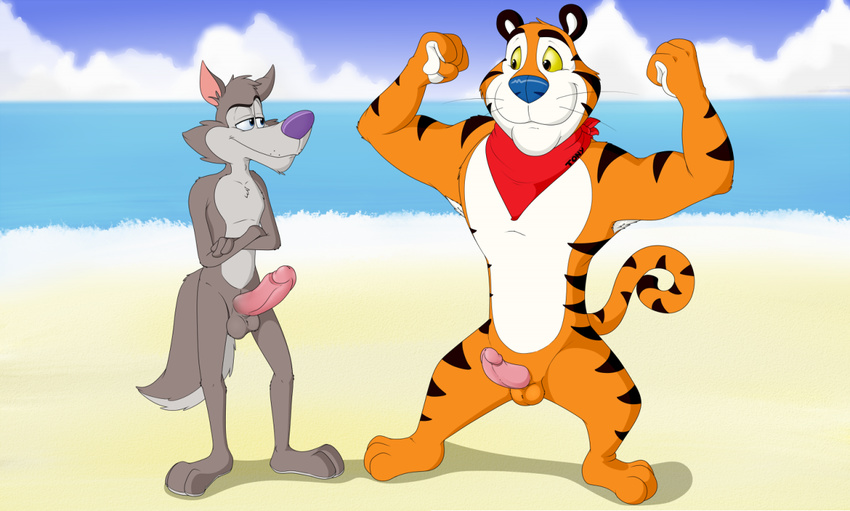 anthro balls bandanna barefoot beach canine chip_the_wolf circumcision_scar crossed_arms duo erection eye_contact feline flexing front_view male male/male mammal mascot mostly_nude neenya nude outside penis penis_size_difference seaside sheath small_penis smile smirk standing tiger tony_the_tiger whiskers wolf