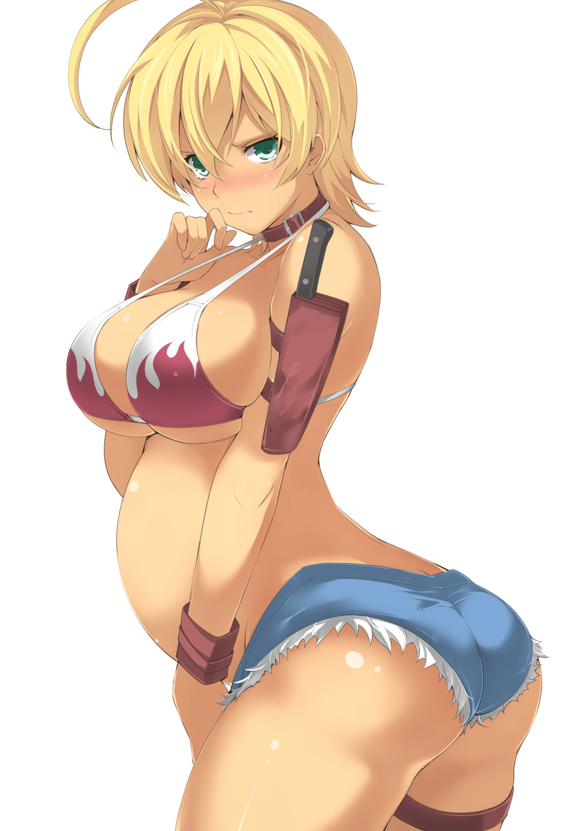 ahoge ass bikini bikini_top blush breasts cleavage dark_skin denim denim_shorts green_eyes highres jijii48 large_breasts looking_at_viewer mito_ikumi pregnant shokugeki_no_souma shorts solo standing swimsuit thighs