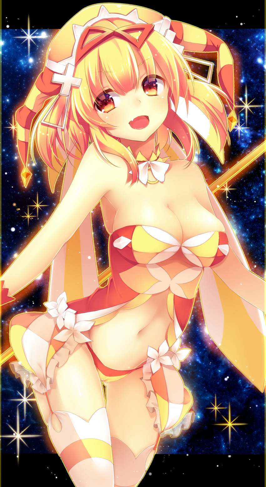 bare_shoulders beatmania beatmania_iidx blonde_hair blush breasts cameltoe cleavage fang garter_straps glowing hair_ornament hat highres jester_cap ki_no_rapika large_breasts matsuya9022 open_mouth outline panties smile solo star_(sky) thighhighs underwear