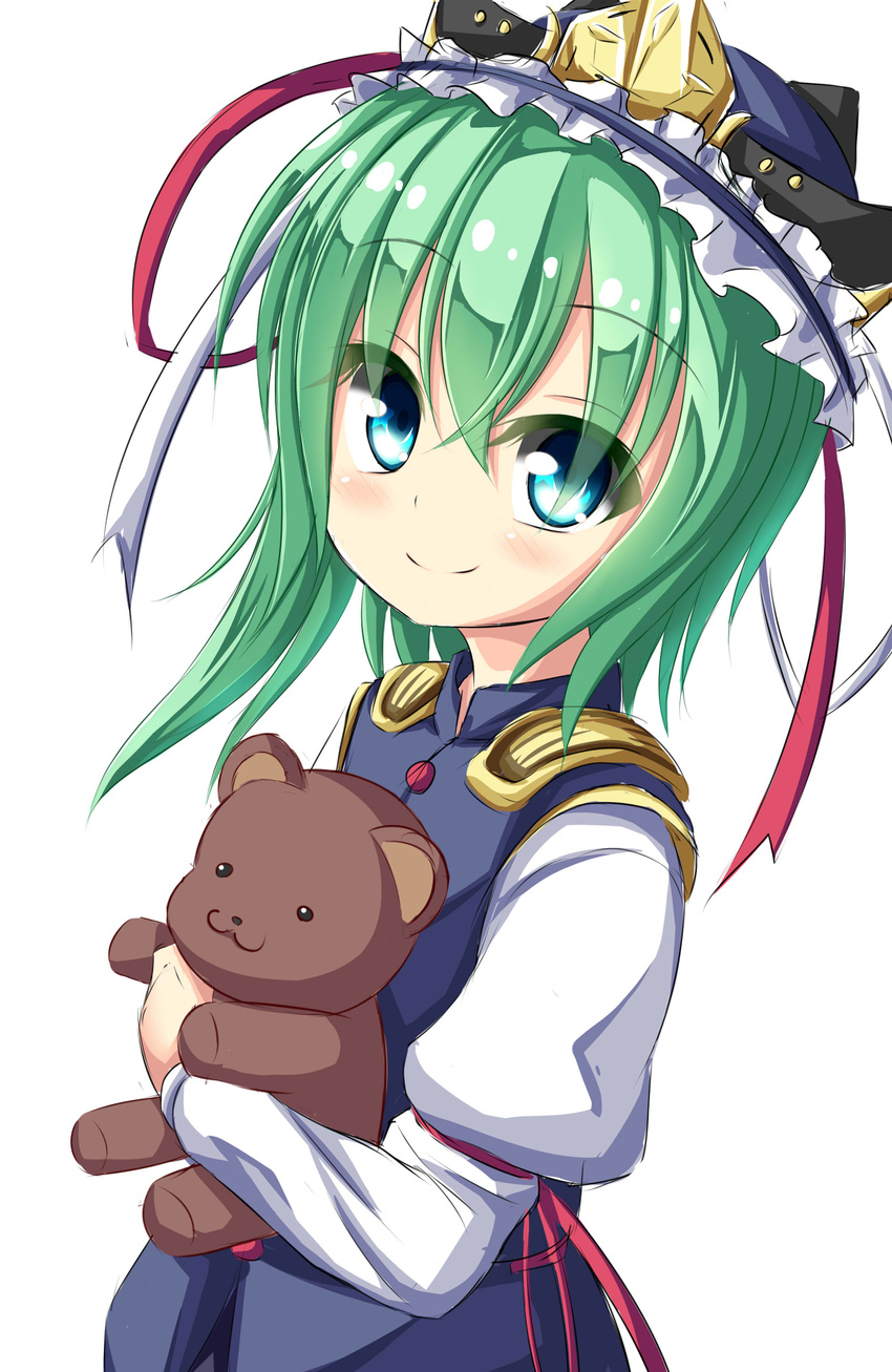 absurdres aqua_hair blue_eyes blue_vest blush commentary_request epaulettes hat hat_ribbon highres holding long_sleeves looking_at_viewer mochizuki_hull red_ribbon ribbon shiki_eiki shirt short_hair simple_background smile solo stuffed_animal stuffed_toy teddy_bear touhou vest white_background white_ribbon white_shirt