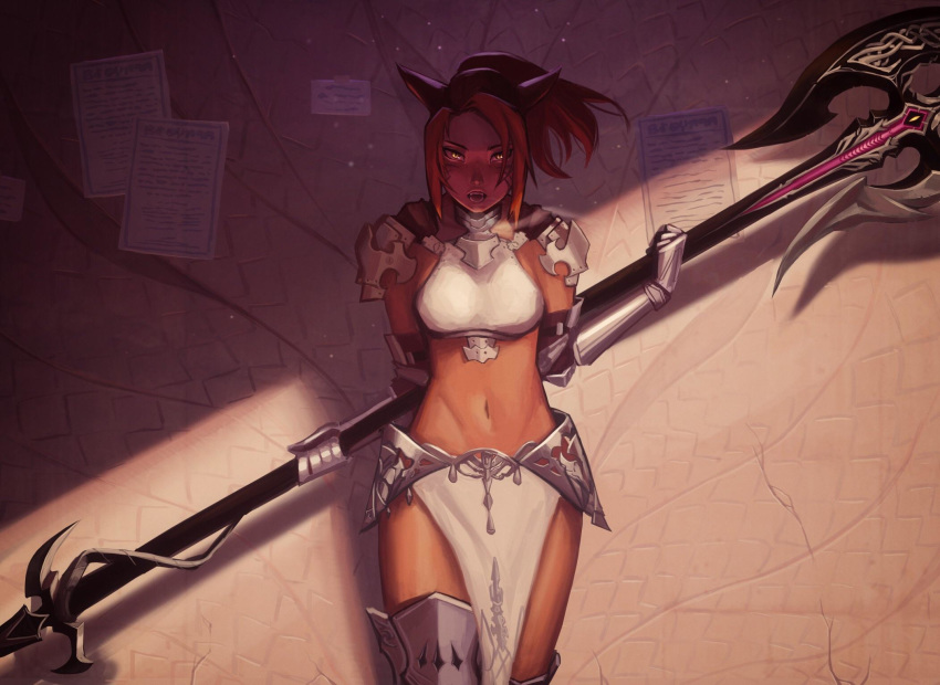 1girl animal_ears armor bikini_armor boots brown_hair cat_ears commission dragoon dragoon_(final_fantasy) faulds final_fantasy final_fantasy_xiv gauntlets greaves highres holding holding_weapon loincloth midriff miqo'te miqo'te navel open_mouth pauldrons polearm qt0ri short_hair short_ponytail solo standing thigh_boots thighhighs vambraces weapon yellow_eyes