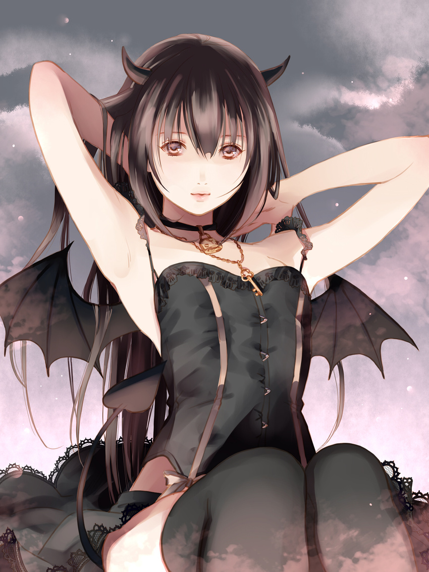 bat_wings black_legwear brown_eyes brown_hair choker fuuchouin_kazuki getbackers highres hirai_chika horns jewelry long_hair male_focus necklace otoko_no_ko revision smile solo tail thighhighs wings