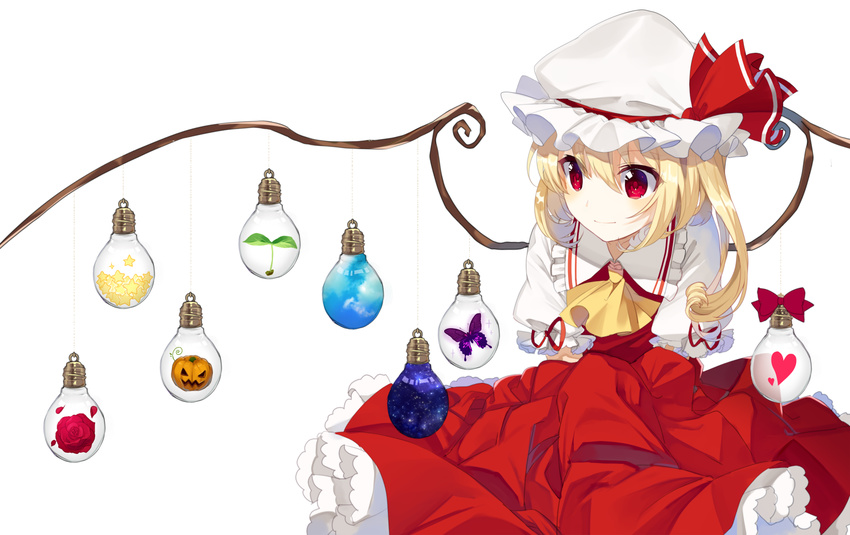 banned_artist blonde_hair bug butterfly dress flandre_scarlet flower hanging hat heart insect light_bulb neckerchief ornament plant pumpkin red_dress red_eyes ribbon rose short_hair simple_background sky smile solo star_(sky) string touhou white_background wings yusano