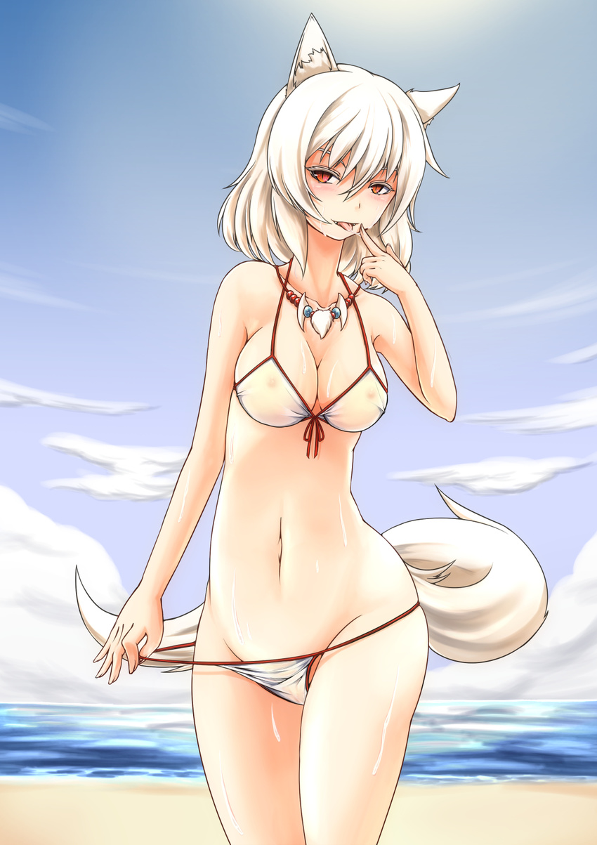 alternate_costume animal_ears beach bikini blush breasts cleavage collar collarbone come_hither covered_nipples day fangs finger_to_mouth groin highres inubashiri_momiji inyuppo large_breasts looking_at_viewer nature navel nipples ocean open_mouth red_eyes saliva saliva_trail see-through short_hair silver_hair solo sweat swimsuit tail tongue touhou white_bikini wolf_ears wolf_tail