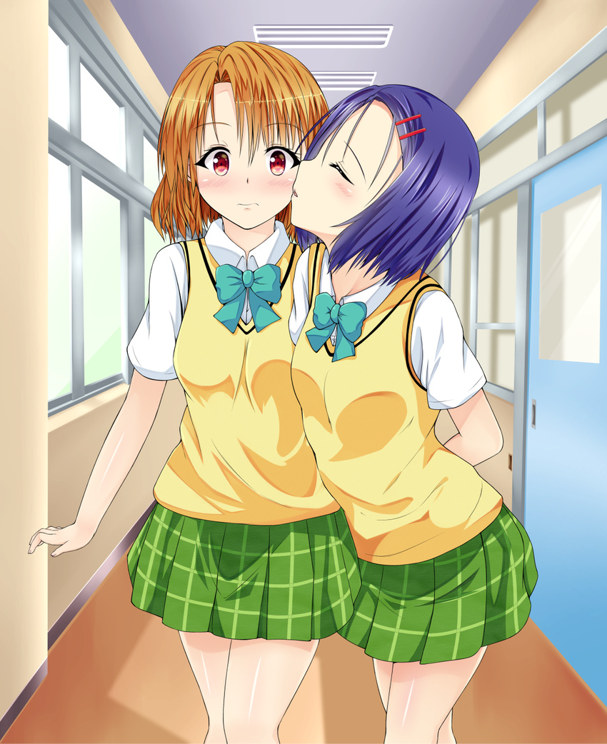 blush brown_hair cheek_kiss closed_eyes harusame_kiruke highres kiss momioka_risa multiple_girls purple_hair red_eyes sairenji_haruna school_uniform short_hair to_love-ru yuri