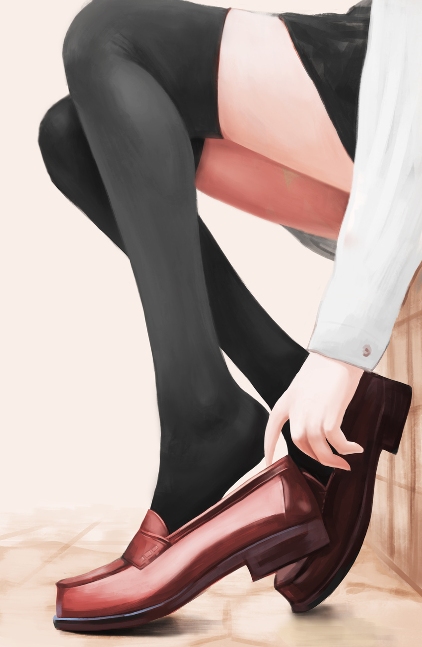 absurdres adjusting_clothes adjusting_shoe black_legwear character_request close-up copyright_request from_side highres kumamon_(a20130122) legs loafers long_sleeves lower_body putting_on_shoes shoe_dangle shoes sitting solo thighhighs thighs undressing zettai_ryouiki