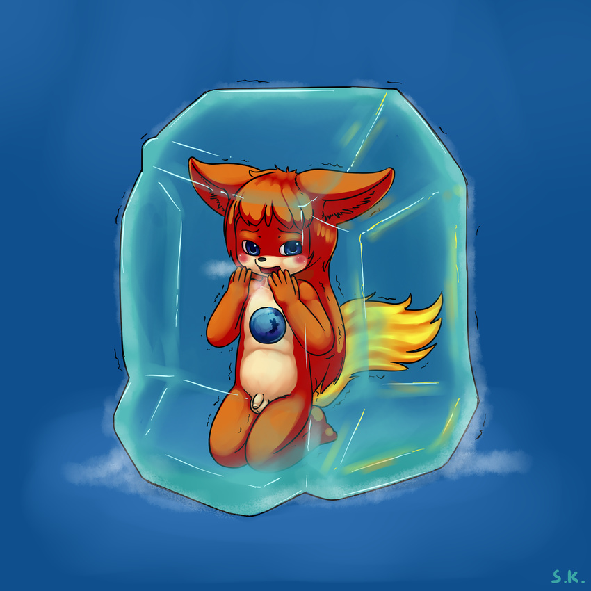 alternate_version_available anthro balls blue_background blush canine cold cub encased firefox flaccid fox front_view ice kneeling male mammal open_mouth penis shaking shivering signature simple_background solo supremekitten young
