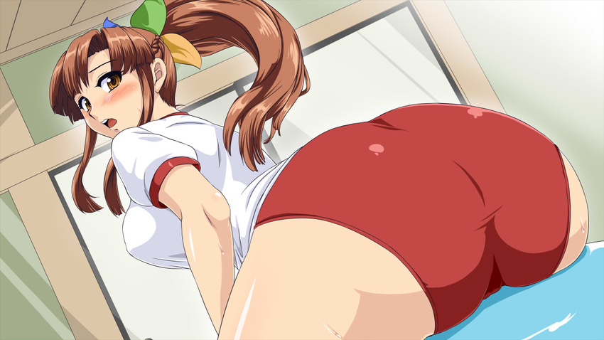 95-tan ass blush breasts brown_eyes brown_hair buruma commentary gym_uniform large_breasts long_hair looking_at_viewer looking_back open_mouth os-tan solo sweat toushi_ryoku