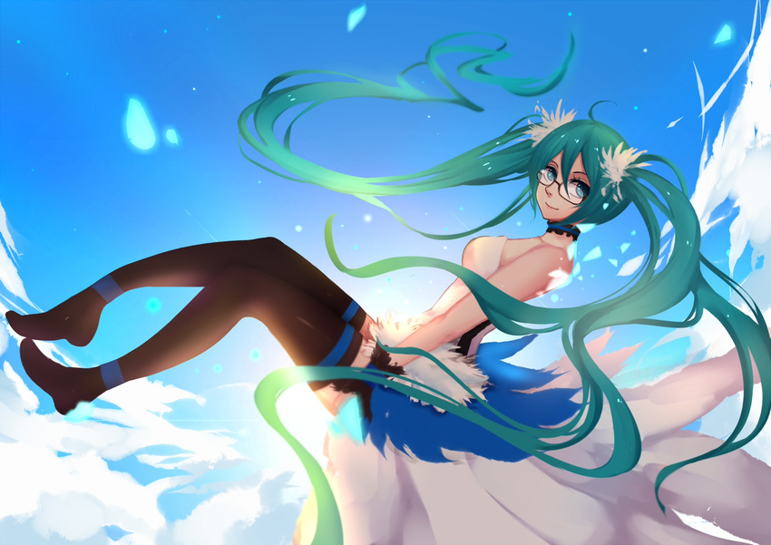 7th_dragon_(series) 7th_dragon_2020 aqua_hair bad_id bad_pixiv_id black_legwear blue_eyes day dress glasses hatsune_miku highres long_hair looking_at_viewer shito_zhizhen sky smile solo strapless strapless_dress thighhighs twintails very_long_hair vocaloid