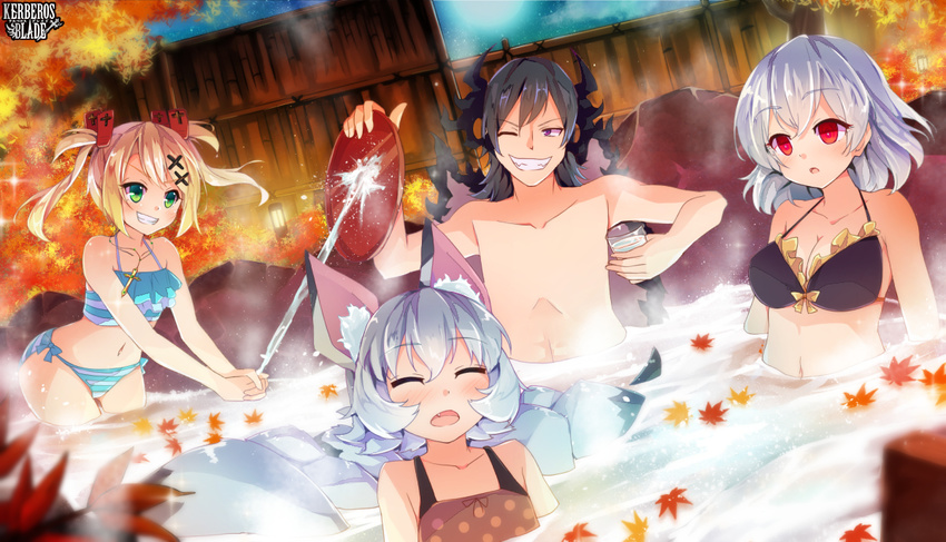 3girls animal_ears bikini black_hair blonde_hair character_request copyright_request dennryuurai fox_ears fox_tail green_eyes mixed_bathing multiple_girls multiple_tails one_eye_closed onsen partially_submerged red_eyes short_hair silver_hair swimsuit tail