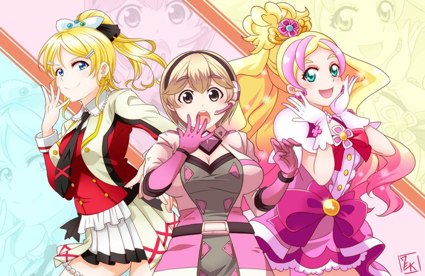 ayase_eli blonde_hair blue_eyes blush breasts crossover cure_flora gloves go!_princess_precure hair_ornament hairclip hand_on_hip haruno_haruka headset kamen_rider_riderbout large_breasts long_hair looking_at_viewer love_live! love_live!_school_idol_project magical_girl multicolored_hair multiple_girls open_mouth pink_hair ponytail precure seven_(11) short_hair smile sore_wa_bokutachi_no_kiseki two-tone_hair uniform